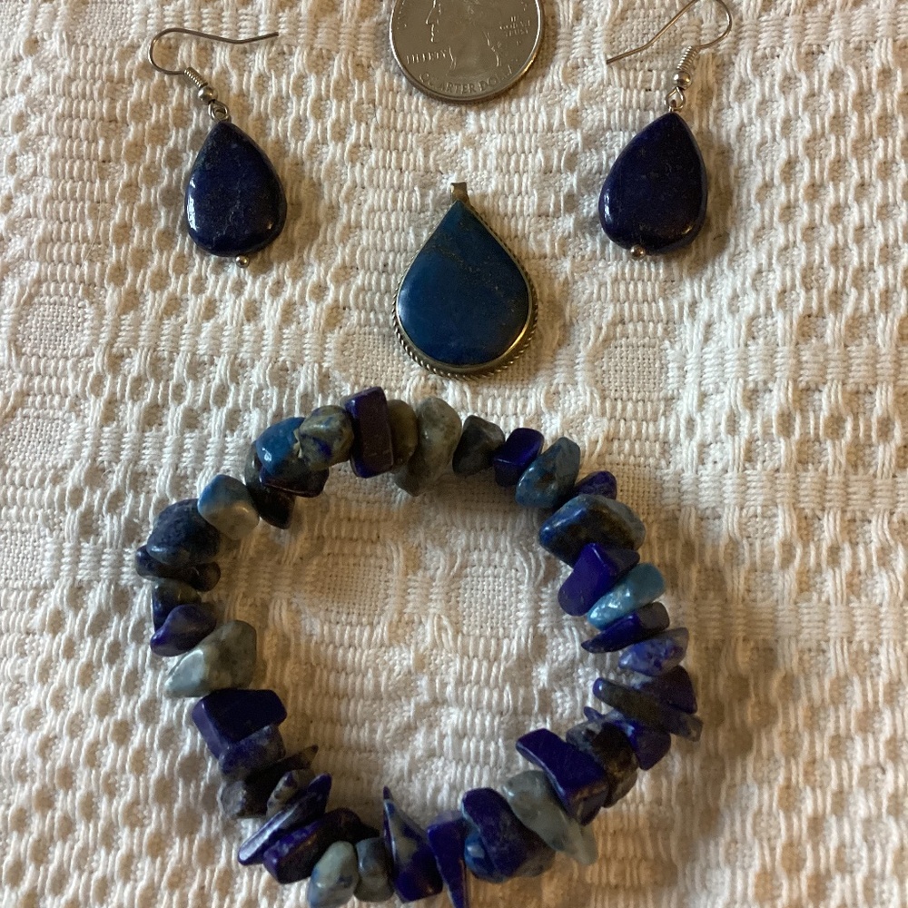 Blue Lapis and silver tone jewelry earrings pendant bracelet